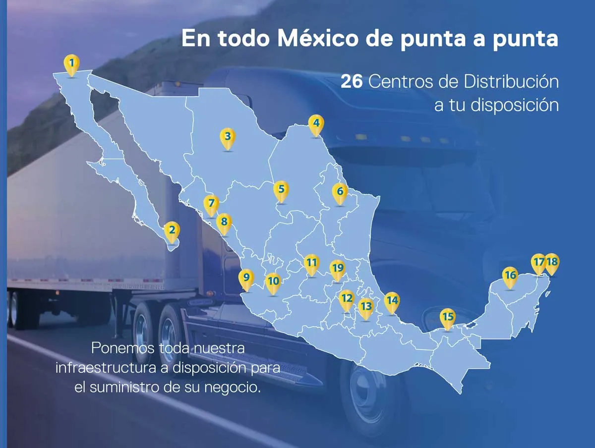 Mapa de México con los 19 puntos de distribución numerados