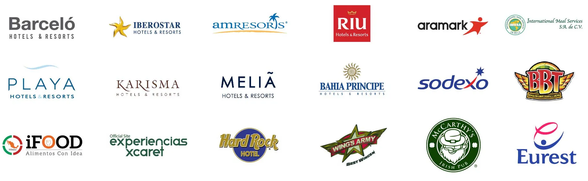 Barceló, Iberostar, AMResorts, RIU, Aramark, IMSSA, Playa Hotels, Karisma, Meliá, Bahía Príncipe, Sodexo, BBT, iFood, Experiencias Xcaret, Hard Rock Hotel, Wings Army, McCarthy's y Eurest